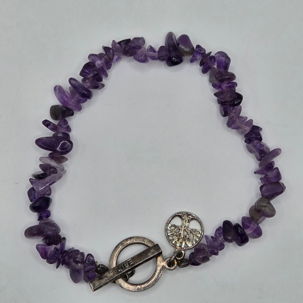 Amethyst Chip Bracelet 925 Sterling Silver Tree of Life Toggle Clasp 7.5" MO